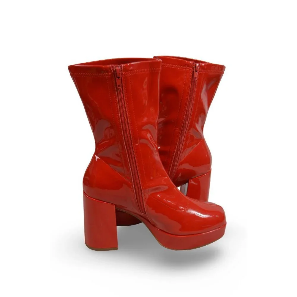 Dream Pairs Women Mid Calf Gogo Platform Boots Block Heel Square Toe Red 8.5